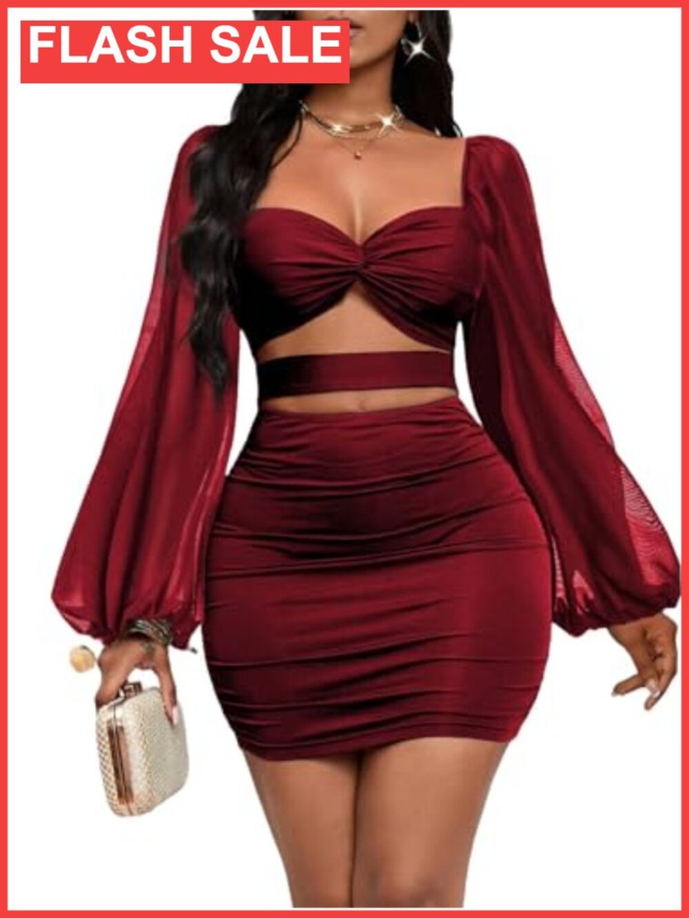 Women Sexy Mesh Bodycon Puff Sleeve Ruched Party Mini Dress